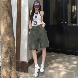 Loowmane | Military Green Workwear Multi-Pocket Womens Straight Jeans Shorts