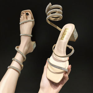 YX | Serpentine Wrap Fairy Style Fashion Rhinestone Versatile Coarse Heeled Sandals