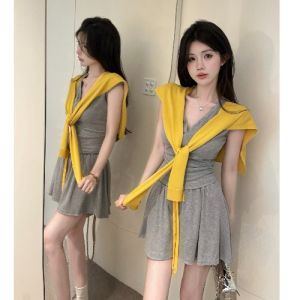 GUZILIAN | Summer New Yellow Shoulder High Waist Drawstring Top And Skirt Set Korean Style Slim Fit Short Sleeve Fashionable Anti-Aging Two-Piece Set