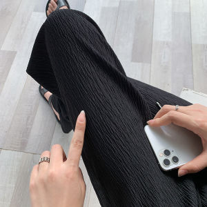 High Waist Pleated Ice Silk Wide Leg Pants Womens Drawstring Loose Chiffon Small Size Straight Casual Trousers