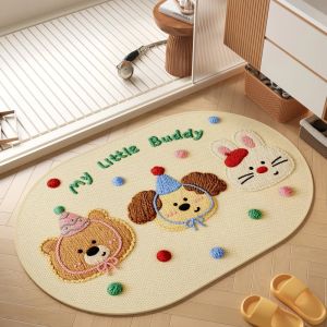 VIKAMA Cute Bear Oval Diatomaceous Earth Bath Mat Quick Drying Absorbent Non Slip Entryway Doormat for Home Decor