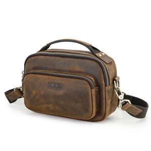 Hiram Retro Crazy Horse Leather Mens Single Shoulder Crossbody Bag Multi Functional Leather Zipper Mens Bag for 8.3-inch iPad