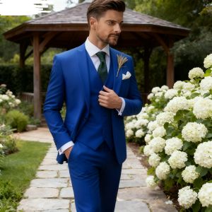 Italian Mens 3-Piece Tuxedo Navy Blue Jacket Slim Fit Wedding Groomsmen Suit with White Vest And Lapel Cufflinks