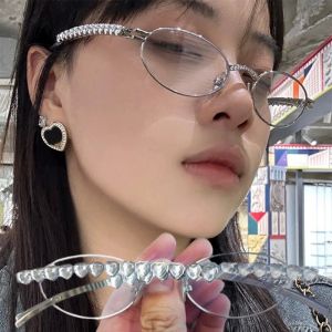 2024 Korea Y2K Metal Oval Shades Women Men Rhinestone Diamond Sunglasses Bling Eyeglasses Frames Uv400 Fashion Eyewear Glasses