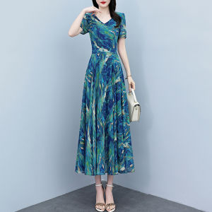 DAIXIANGFEIZI | Summer Ladies Dress A-Line Chiffon Mid-Length Flowered Short Sleeves