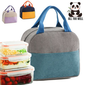 Corduroy Color Block Thermal Lunch Bag Portable Waterproof Bento Box Picnic Bag Handheld Insulated