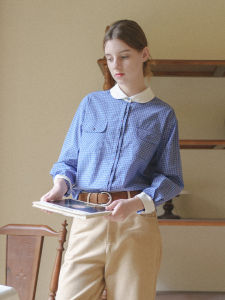 Áo Sơ Mi Kẻ Caro Cổ Búp Bê Miu Style MarchNoon Retro Blue White French Doll Collar Color Block Versatile Cotton Long Sleeve Womens Shirt