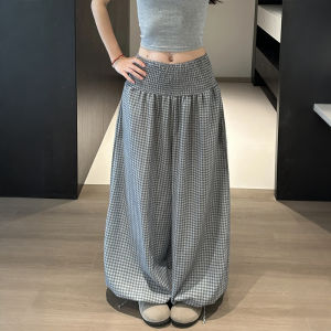 LANMENGYA | Thin Loose Pink Summer Trousers with Check Pattern and Drape Effect