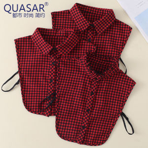 เสื้อเชิ้ตลายสก็อตสีแดงดำสีเทา คอปลอม คอตกแต่ง หนา สำหรับผู้หญิง สไตล์วิทยาลัย ฤดูใบไม้ผลิ ฤดูใบไม้ร่วง ฤดูหนาว คอตตอนผสมโพลีเอสเตอร์