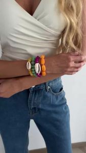 Ingemark | Ingemark 4 Pcs/Set Boho Colorful Acrylic Resin Beaded Bracelet for Women Cute Conch Charm Elastic Bangle Summer Vacation Jewelry