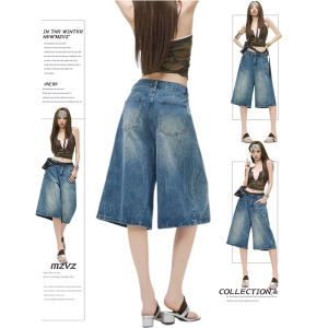 MZVZ | Quần Jeans Capri Đùi Rộng In Hình Sét Phong Cách Mỹ Cổ Điển