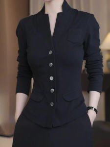 Shalldoer | เสื้อคาร์ดิแกนถักคอตั้งแขนยาวสีดำสำหรับผู้หญิง ฤดูใบไม้ร่วง 2025 ทรงสลิมฟิต เสื้อชั้นใน คอกลม สวมหัว