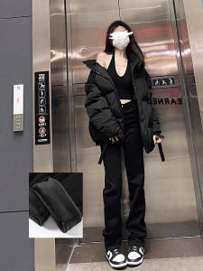 High Waist Fleece Lined Thick Straight Leg Jeans Womens Autumn Winter Loose Slimming Casual Floor Length Pants