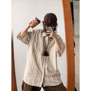 Loose Fit Mens Striped Shirt Casual Style Turn-down Collar Pocket Detail Summer Fashion Retro Trend Japanese Style Outerwear