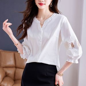 Big Sale Leak-Picking Counter Withdraw Pure Cotton Cut Out Embroidered Shirt Womens Summer Cropped Sleeves Shirt plus Size Loose Top