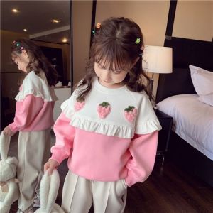 Girls Sweatshirt Autumn Fashion Strawberry Color Match Pullover 3-8 Years Old Children Casual Round Neck Long Sleeved Top