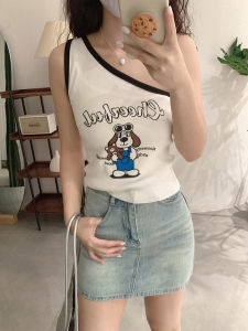 Áo Ba Lỗ Không Tay Ngắn Cổ Chữ V Dệt Kim Bằng Lụa Băng Pure Desires Hot Bé Gái in Hình Chú Chó Hoạt Hình Mùa Hè Ôm Vừa Vặn Hở Vai