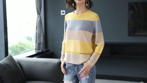 TTQQ Hollow Breathable Knitted Sweater for Women Round Neck Striped Sweater Top