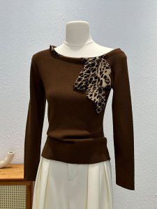 Retro American Knitted Long Sleeve T-Shirt Womens Fashion Slimming Inner Wear Elegant Butterfly Knot Belt Top for Autumn