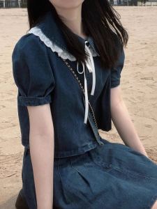 Womens Denim Set Summer New Style Small Size Vintage Washed Short Sleeve Shirt Half Skirt Two Piece Set High End Feeling
