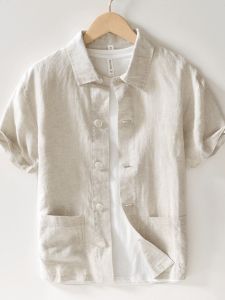 เสื้อเชิ้ตแขนสั้นผ้าลินินบางสไตล์ย้อนยุคสำหรับผู้ชาย ทรงหลวม กระเป๋า ไซส์ใหญ่ แฟชั่นฤดูร้อน สไตล์ญี่ปุ่น คอเหลี่ยม