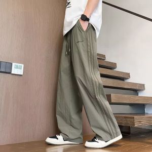 American Style Ice Silk Stripe Casual Pants Mens Summer Trendy Loose Straight Leg Wide Leg Pants Teenage Sports Long Pants