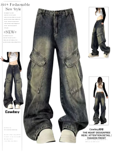 Retro American Work Pants Womens Spring Autumn Multi-Pocket Design Washed Straight Leg Trousers High Waist Wide Leg Jeans