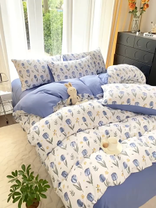 Premium Cotton 4-Piece Bedding Set with Garterized Full Size Zippered Duvet Cover and Pillowcases - Floral/Striped/Modern Design