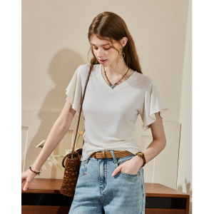 KUHNMARVIN | Áo Thun Co Dãn V-Neck Tay Ngắn Có Gợn Sóng Dọc Cạnh
