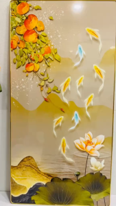 (ẢNH THẬT) Tranh treo tường cá và hoa sen trang trí decor khổ dọc TT35