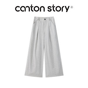Cantonstory | Quần Tây Xám Caro Dáng Rộng Cao Eo