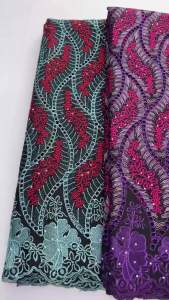 High Grade Navy Orange Embroidery Swiss Voile Lace In Switzerland Rhinestone Edge African Cotton Lace Fabric For Party Dress