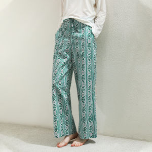 XEXZ | Vintage Floral Print Cotton Wide Leg Pants Womens Comfortable Straight Cut Elastic Waist Home Wear Sleepwear Autumn Fashion