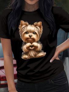 Yorkie Puppy Heart Womens Tee - Cute Dog Graphic Adorable Pet Print for Casual Daily Wear
