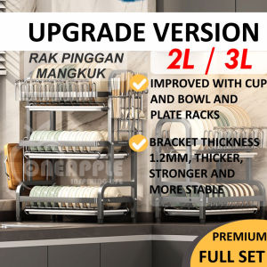 UPGRADE VERSION 2L & 3L Stainless Steel Kitchen Dish Drainer Rack with Tray Rak Bertingkat Pinggan Mangkuk Cawan