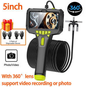 Two Way Endoscope Camera 5Inch/4.3inch Screen 360° Steering Articulating Borescope 1080P Add 64GB TF Card Disposable gloves