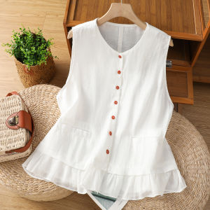 เสื้อกั๊กผ้าลินินคอตตอนสีขาวสไตล์ฤดูร้อนสำหรับผู้หญิง ทรงหลวม แขนกุด คอวี ทรงสลิมฟิต เสื้อเชิ้ต