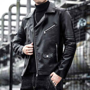 Slim Fit Fleece Lined Leather Jacket Stand Collar Slanted Zipper for Cycling Motorcycle Outerwear Youth Casual Business Formal
