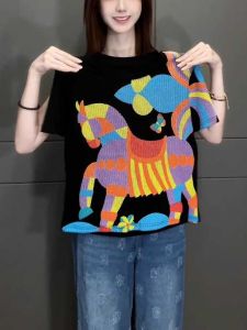 New 2024 Womens Black Cotton Short Sleeve T-Shirt Street Style Commute Fashionable plus Size Geometric Pattern Korean Version