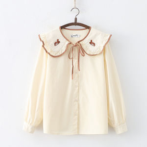 เสื้อเชิ้ตคอตุ๊กตาสัตว์ปีกนกแขนยาวปักลายสไตล์หวานสำหรับผู้หญิงฤดูใบไม้ผลิและฤดูใบไม้ร่วง ผ้าฝ้ายแท้ 100%