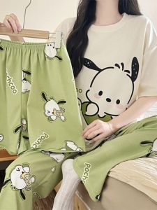Womens Three-Piece Pajamas Summer Short Sleeve Shorts Pants Thin Pure Cotton Trending Cartoon Pacha Dog Suit Homewear