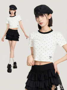BAIDAIFEI | White Polka Dot Bowtie Design Short Sleeve T-Shirt Summer Slim Fit Round Neck Ballerina Style Top