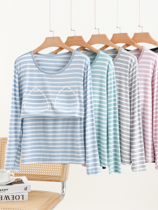 Casual round Neck Long Sleeve T-Shirt Modal Striped Chest Pad No Bra Large Size Loose Fit Versatile T-Shirt for Women