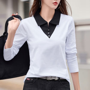 Pure Cotton Long Sleeve Polo Neck Base Shirt Womens Spring Autumn Versatile Inner Wear T-Shirt Korean Style Creative Pattern
