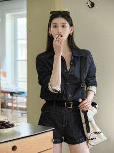 ChillCozy Korean Style Womens Cotton Lenzing Blend Two-Piece Set Denim Shirt Shorts Summer Fashion Simple round Neck Button up