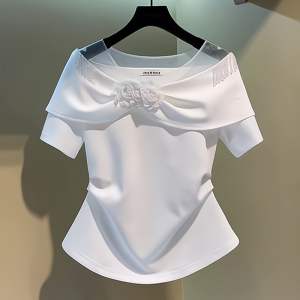 Slim Fit Short Sleeve T-Shirt Womens 3D Floral Design Short Style Korean Version Summer New Arrival Gtq Brand Inner Wear