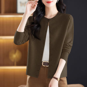 เสื้อสเวตเตอร์ถักนิตติ้งคอวีสีแดงสดใสสำหรับผู้หญิง ฤดูใบไม้ร่วง 2025 ใหม่ บาง แฟชั่น หลวม ผ้าขนสัตว์ เสื้อคาร์ดิแกนถักแบบเปิด