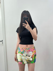 Low Waist Floral Print Mini Skirt with Safety Pants Ultra Short Acetate Satin Fabric Hugging Fit Womens Spring Summer Skirt
