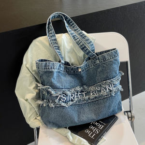 Trendy Letter Embroidery Denim Tote Bag Large Capacity Fringed Commuter Bag Versatile Shoulder Bag for Young Adults