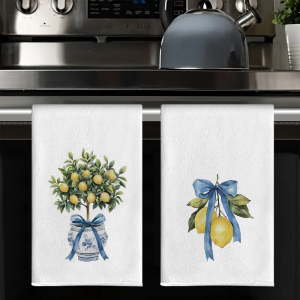 2Pcs Lemon and Blue Bow Kitchen Towels 40Cm*60Cm Towel Set Super Absorbent Soft Cleaning Cloth Cooking and Baking Tea Towel Hand Towel Cleaning Cloth Dishcloth Kitchen Decoration Living Room Decoration Kitchen Essentials Home Essentials